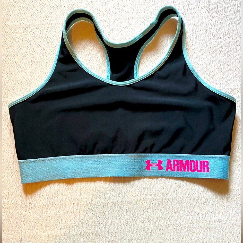Women’s Under Armour Sports Bra Size Medium Black/Aquq blue/ hot pink excellent
